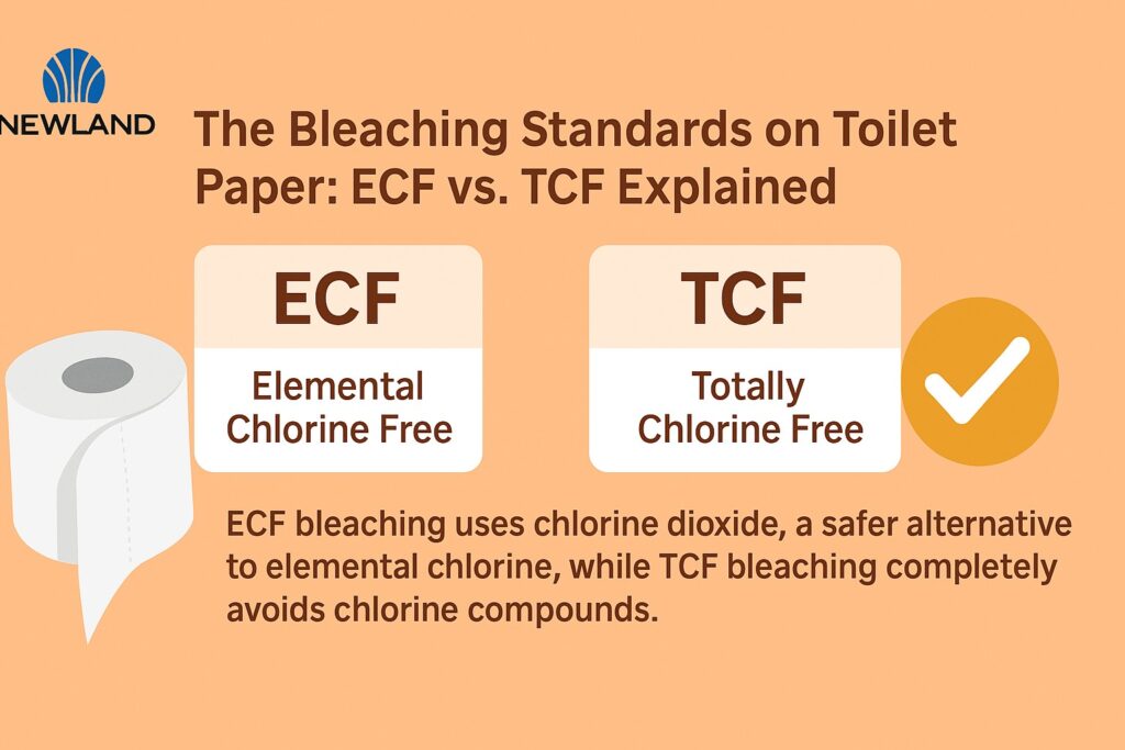 ECF bleaching uses chlorine dioxide, a safer alternative to elemental chlorine, while TCF bleaching completely avoids chlorine compounds.